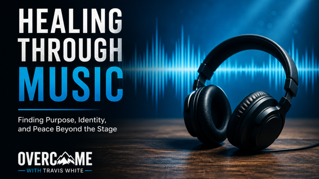 Healing through music podcast artwork with headphones and blue sound waves