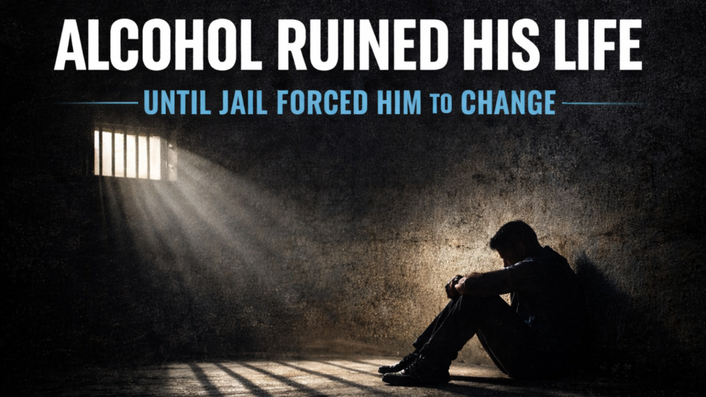 A man sitting alone in a jail cell with the words Alcohol Ruined His Life Until Jail Forced Him to Change