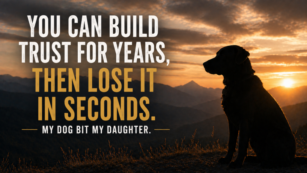 Dog silhouette at sunset with text about losing trust after a family dog bite