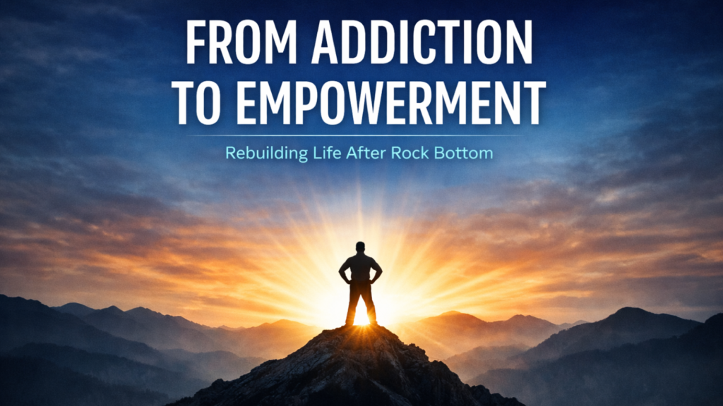 From Addiction to Empowerment featured image with sunrise and the words Rebuilding Life After Rock Bottom
