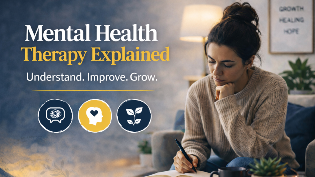 Mental health therapy explained concept showing person thinking deeply about anxiety and emotional processing