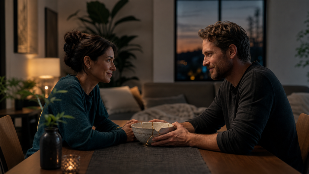Couple holding a repaired bowl together as a metaphor for relationship repair after conflict