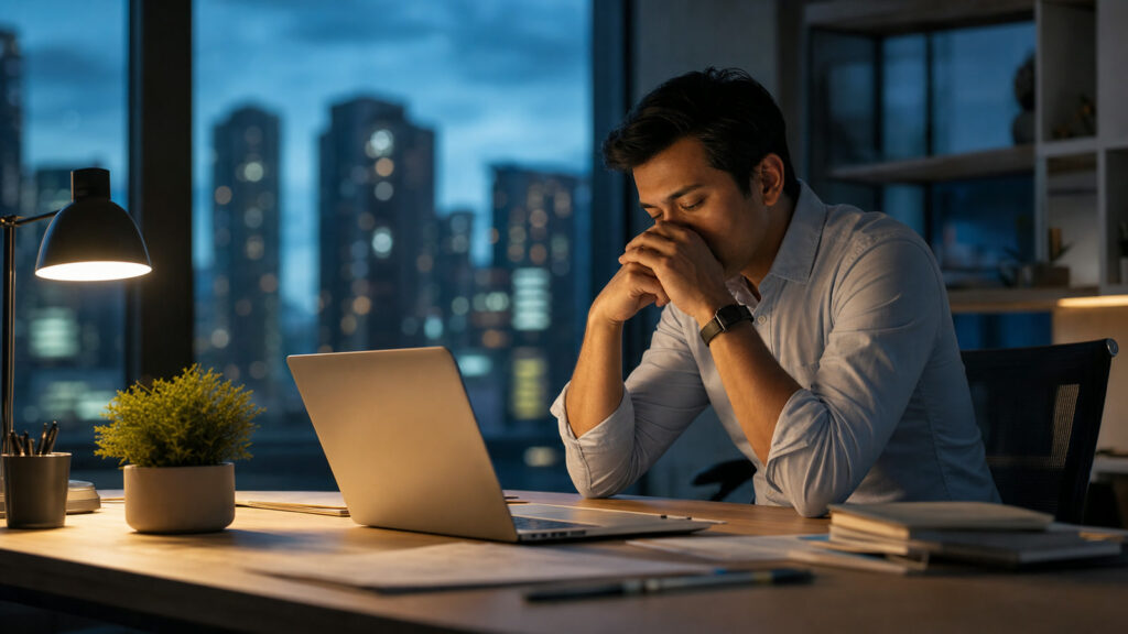Exhausted founder working late at a desk, illustrating founder burnout