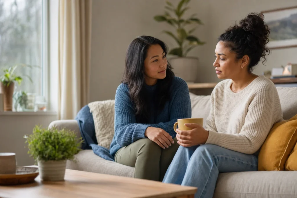 Two women sharing quiet support during a conversation about depression featured image