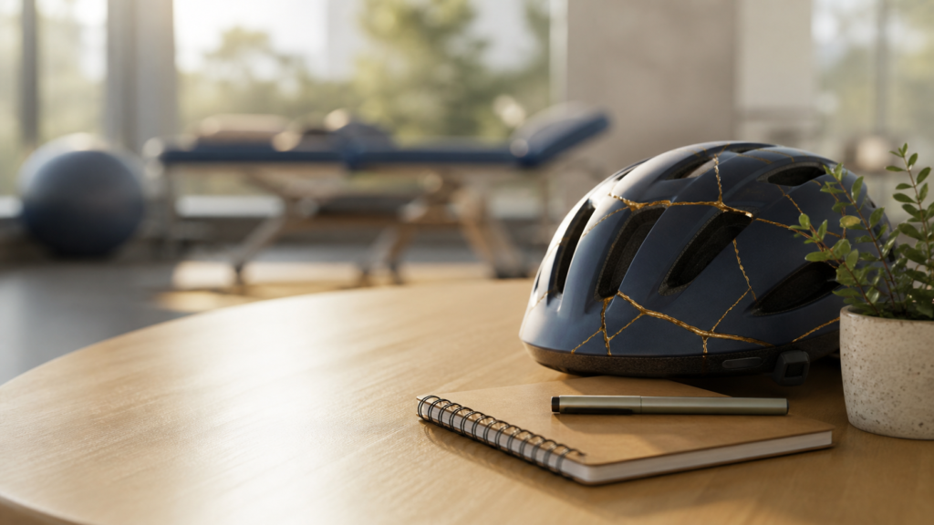 Repaired bicycle helmet symbolizing traumatic brain injury recovery featured image