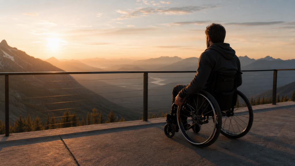 Wheelchair user reflecting at an accessible mountain overlook featured image