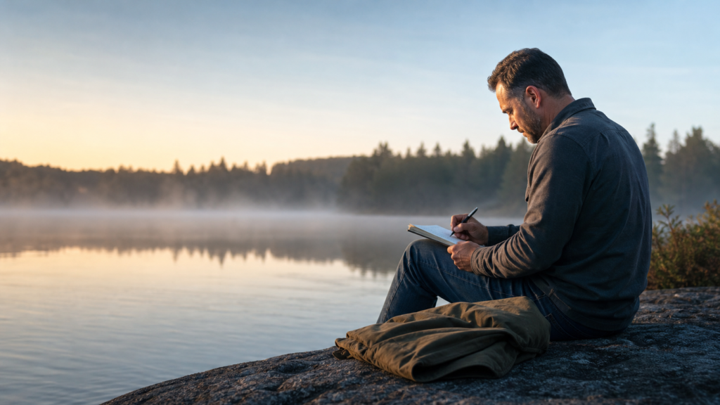 Veteran journaling beside a peaceful lake at dawn featured image