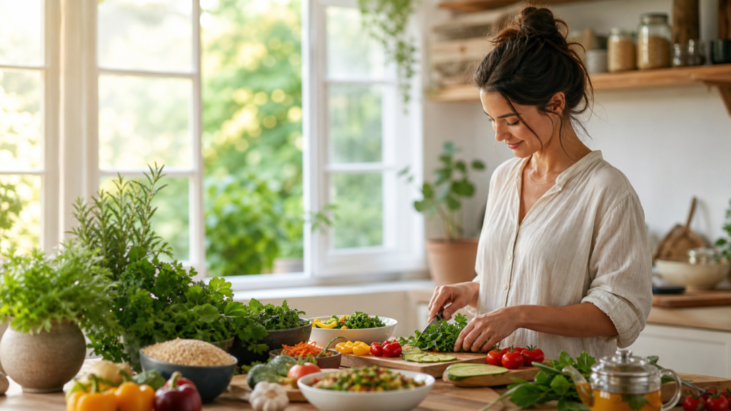 Preparing a colorful balanced meal in a sunlit kitchen featured image