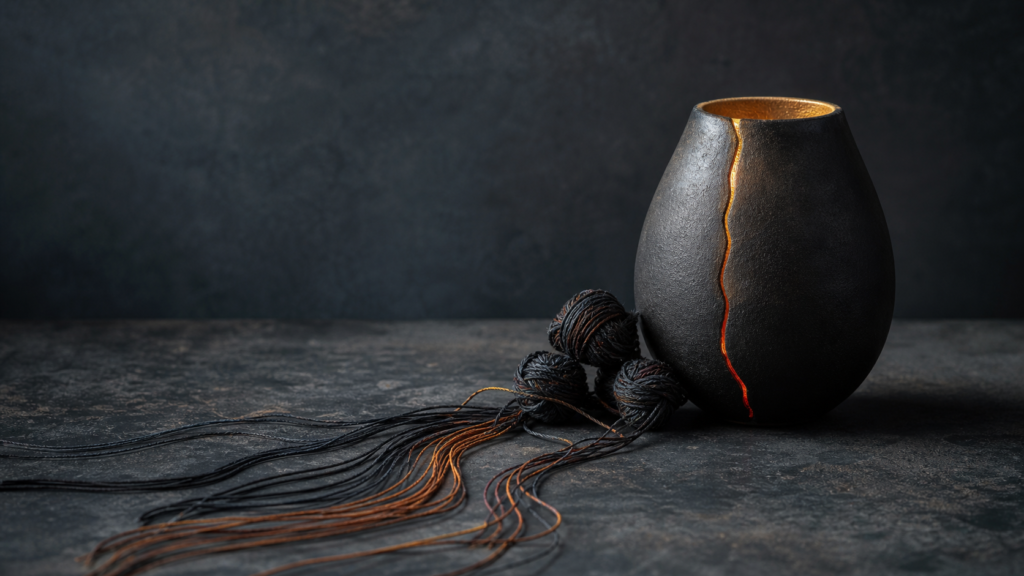 Suppressed anger represented by a dark ceramic vessel with a glowing seam and loosening threads featured image